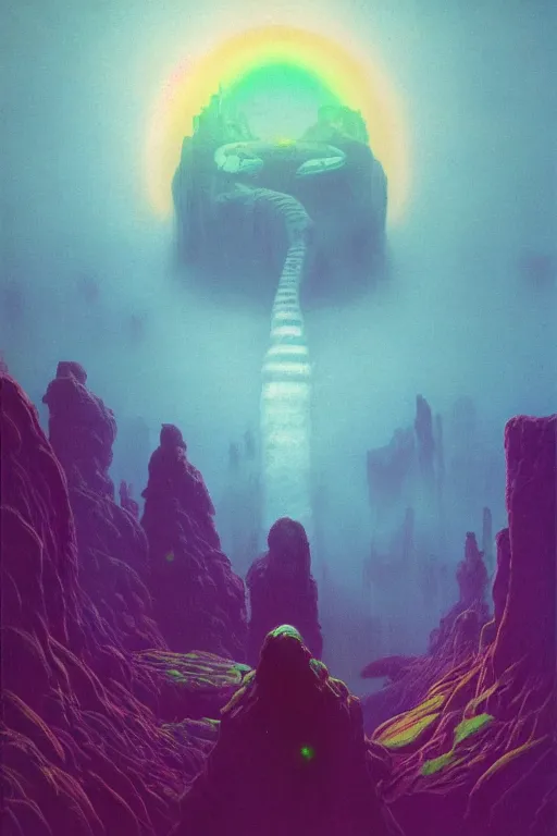 Prompt: 👾🐉🌈🍄::3, dreamlike, psychedelic, otherworldly, weird, cyberpunk, vaporware, interesting details, volumetric lighting, dramatic, fantasy, by Moebius, by zdzisław beksiński, Fantasy LUT, epic composition, 8k,