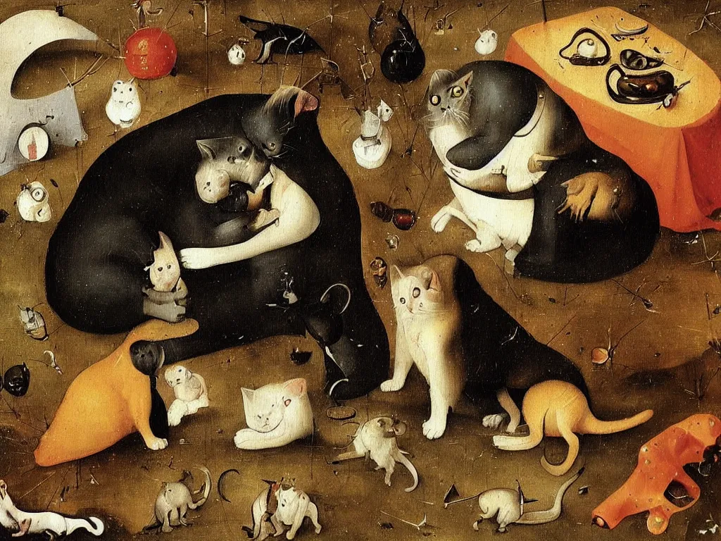 Image similar to Beautiful painting of the friendship of a cat and dog by Hieronymus Bosch