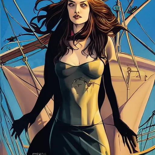 Prompt: in the style of Joshua Middleton comic art, pretty female Phoebe Tonkin, pirate, black cloth medical eye patch over left eye, evil smile, pirate clothing, long wavy hair, full body, on a pirate ship, sunny weather