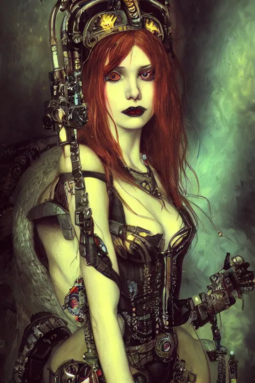 Image similar to portrait of beautiful young cute gothic maiden, cyberpunk, Warhammer, highly detailed, artstation, illustration, art by Gustav Klimt