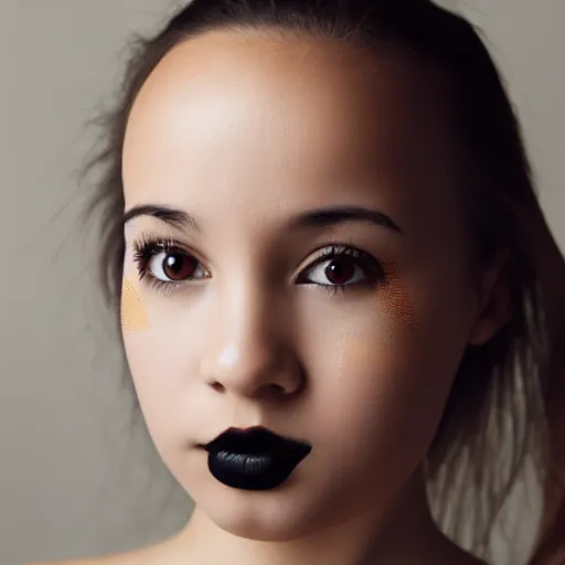 Image similar to photograph of girl with big forehead with square face and small bird beak lips and small round nose and dark black, high detail 8k,