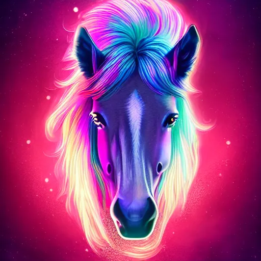 Prompt: digital neigh neigh, retrowave palette, highly detailed, anatomically correct equine, synth feel, smooth face, ear floof, flowing mane, no reins, super realism, accurate animal imagery, 4 k digital art