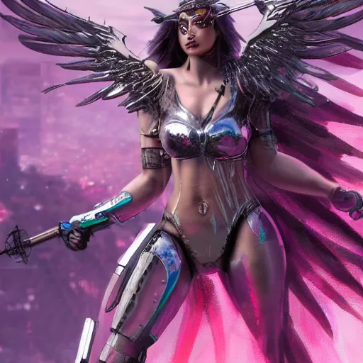 Image similar to cyberpunk valkyrie woman with wings made of metal and pink and silver armor, flowing hair, cityscape, protesting signs, fighting, artstation, realistic, high detail digital painting, sharp focus, style of Julia Razumova,