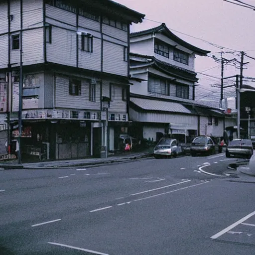 Image similar to a 90s grainy photograph of a japanese town, afternoon