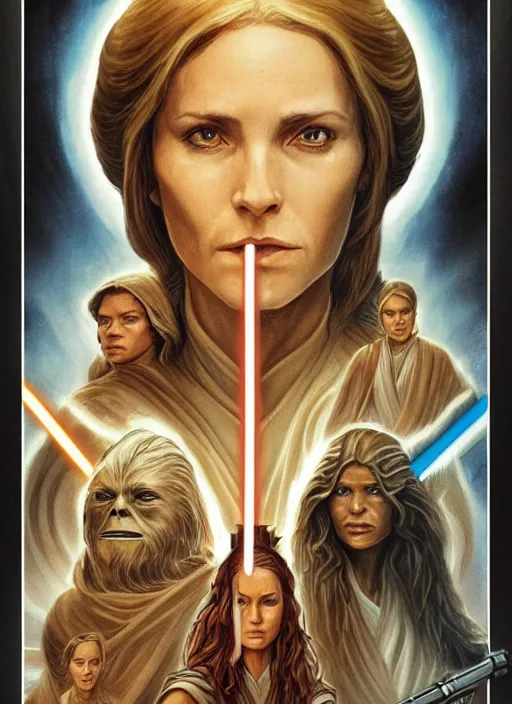 Prompt: movie poster by iain mccaig and magali villeneuve, a beautiful woman jedi master, symetrical face. highly detailed. star wars expanded universe, she is about 2 0 years old, wearing jedi robes. star destroyer