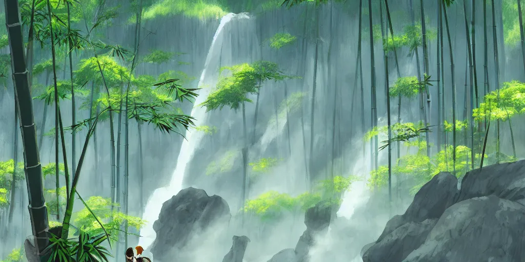 Image similar to misty japanese bamboo forest, cell shaded, huge waterfall!!!!!, large rocky mountain, rule of thirds, sunny, cartoony, drawing, stylized anime, sun rays, soft, by hayao miyazaki, ghibli studio, makoto shinkai, toei animation, studio trigger, trending on artstation, 4 k, hd