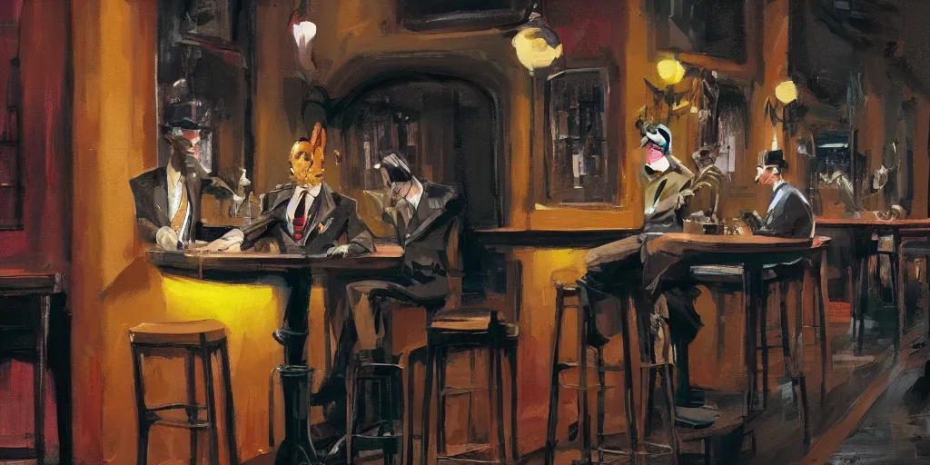 Image similar to a biped rabbit wearing a tie sits on a barstool at the bar of a 4 0 s jazz club, warm color palette, night time, dramatic lighting, noir film, character sheet, fine details, high contrast, blacksad, kim jung gi, greg rutkowski, trending on artstation, 8 k, front view, back view, ultra wide angle