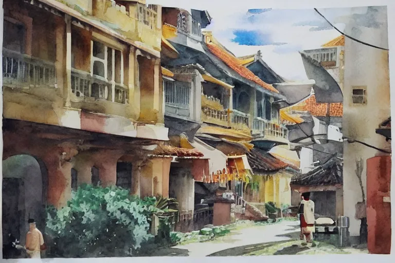 Prompt: !! watercolor!! singapore old city in a sunny day, artwork by tooth wu, colorful contrast,!! very coherent!!, dark shadow, thick lineart