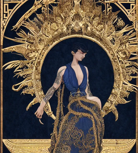 Image similar to god of death, young man, in the underworld, elegant dark blue dress, very detailed, throne, very intricate details, jewelry, gold line tattoos, elaborate long black hairstyle, wings, cinematic, artstation, william bouguereau, alphonse mucha, greg rutkowski, rossdraws, octane render