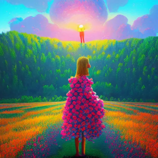 Image similar to flower field becoming a girl with dress and a giant flower as a face, hills, big trees, sunrise dramatic light, impressionist painting, colorful clouds, digital painting, pointillism, artstation, simon stalenhag