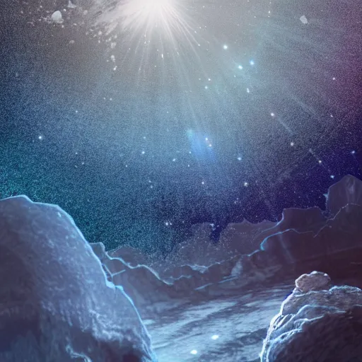 Prompt: a beautiful matte painting of an asteroid of ice exploding in every direction of light glitter speckle, a large ominous spaceship floating