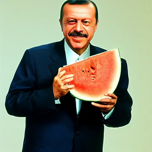 Image similar to recep tayyip erdogan smiling holding watermelon for a 1 9 9 0 s sitcom tv show, studio photograph, hd, studio