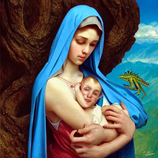 Image similar to the virgin mary holding a baby lizard lizard, highly detailed, digital painting, concept art, smooth, sharp focus, illustration, surrealist, absurd, humorous, photoshop, art by artgerm and greg rutkowski and alphonse mucha