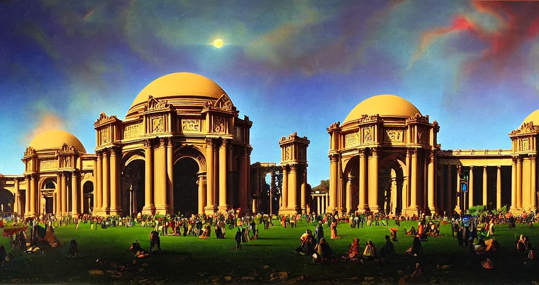 Prompt: the san francisco palace of fine arts during the intergalactic futuristic fair, romantic era sci - fi painting, futuristic