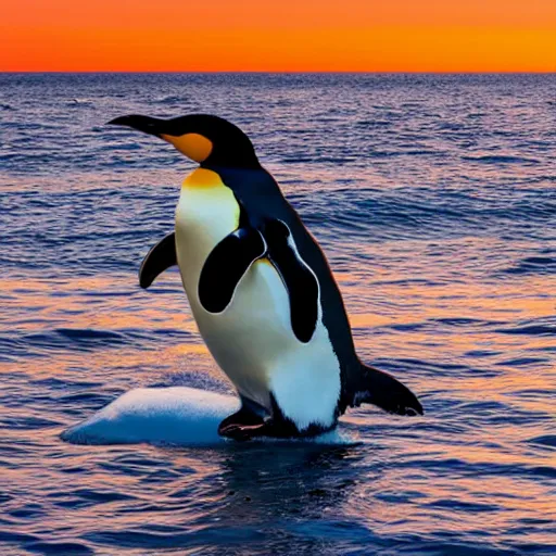 Prompt: big penguin in the middle of the sea, sunset, 4k, sharp, detailed