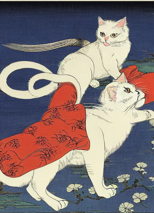 Prompt: whitecat with 2 baby white cats of utagawa hiroshige, digital painting 4 k uhd image, highly detailed