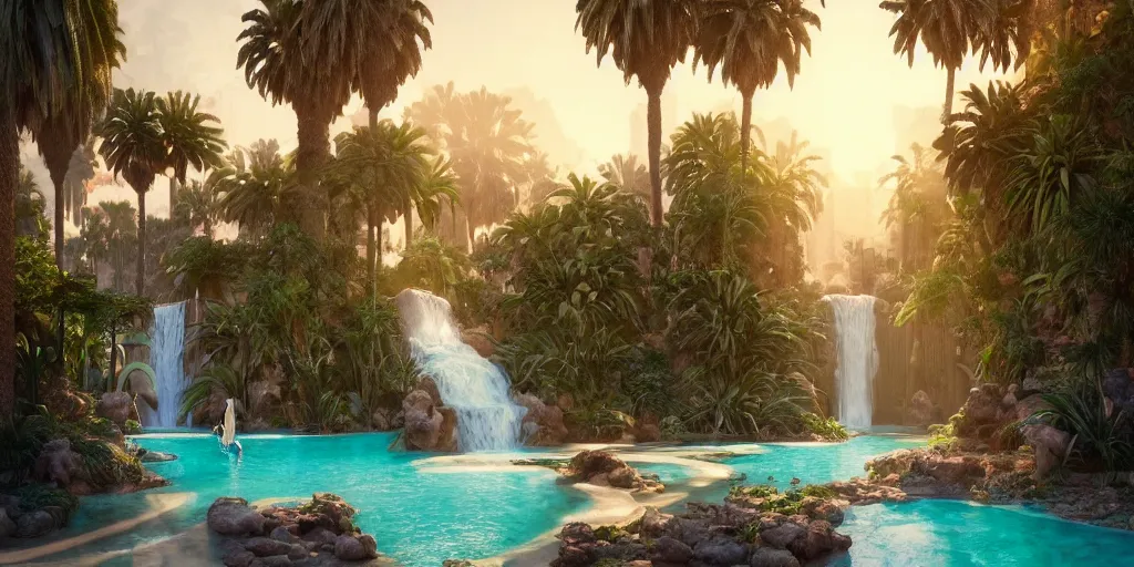 Image similar to beautiful oasis waterfalls surrounded by palm trees, Moroccan tile archways, date trees, ivory towers, sun setting, ross tran, nephilim, pyroclastic flow, ethereal, fantasy, James Jean, oozium, peter morbacher, angelarium, alchemy, luxury, heavenly light, Soft illumination, Trending on artstation, Cinematic Lighting, digital painting, octane render, artgerm