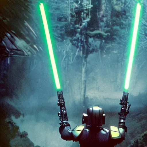 Image similar to 35mm film still jedi mandalorian training with laser sword on an epic mountain, blade runner set in a rainy tropical forest, cool colors, moody, by Alex grey