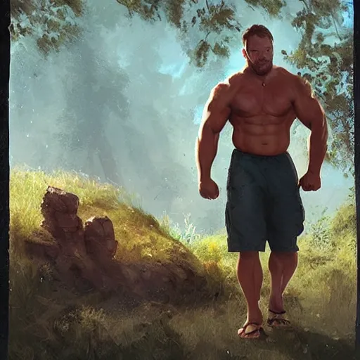 Image similar to bodybuilder chris pratt at church geog darrow greg rutkowski