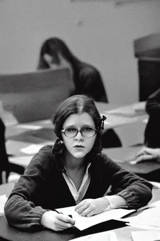 Prompt: Carrie Fisher, age 14, sitting in math class in high school