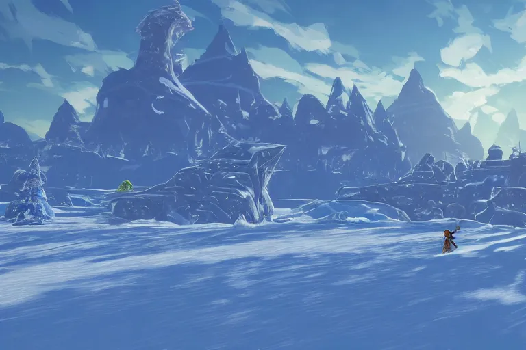 Image similar to an in game frozen landscape from the legend of zelda breath of the wild, breath of the wild art style.