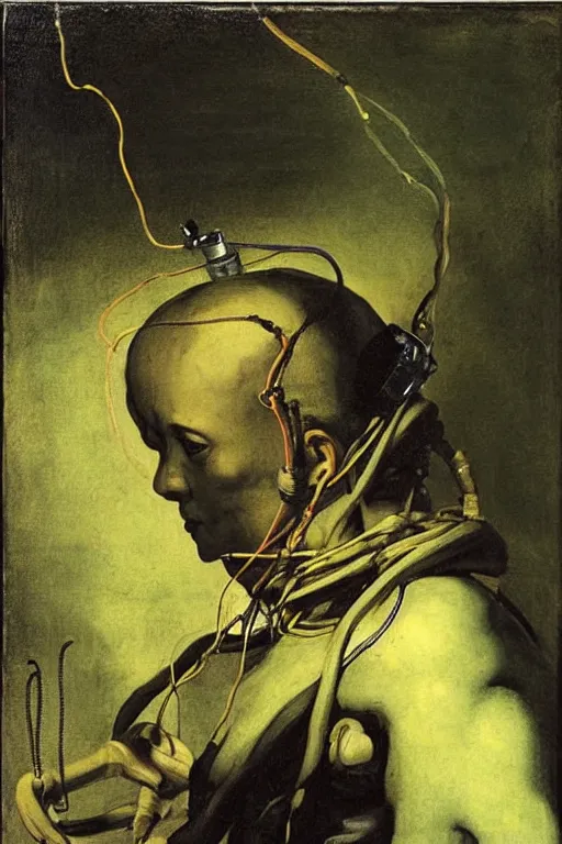 Image similar to a cyborg monk with cables and wires attached to his face by francisco goya