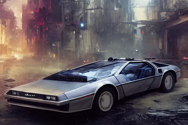 Image similar to photograph of the delorean, with a sleek spoiler, driving down the streets of a cyberpunk abandoned city, by greg rutkowski, by stanley artgerm, by alphonse mucha