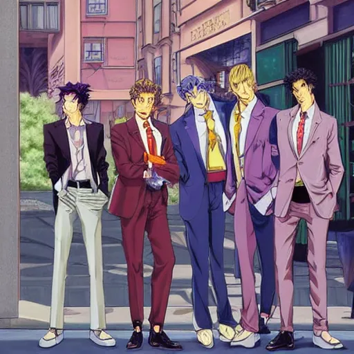 Image similar to a beautiful painting of four well dressed men with perfect anime faces posing for a picture on a city street by hirohiko araki, detailed line art, jojos bizarre adventure