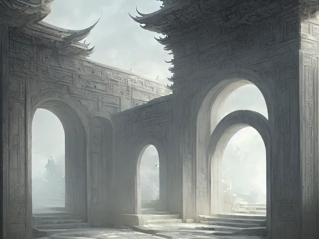 Image similar to circular gate in a white wall, leading to heaven. chinese architecture. fantasy. detailed. smooth. sharp focus. trending on artstation. artist greg rutkowski.