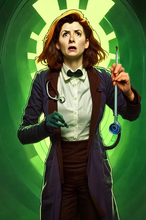 Image similar to doctor who, woman, as a mad dentist, on a plain green background, art by artgerm and greg rutkowski and alphonse mucha