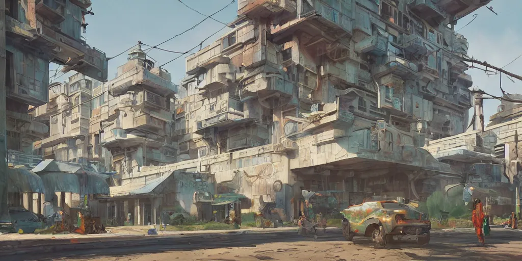 Prompt: stylized, exterior, architecture, in watercolor gouache detailed paintings, arcane, insanely detail, artstation, 8 k, futuristic, big medium small, simon stalenhag, props, furniture and decor, octane render, cinematic, screenshot, james gurney