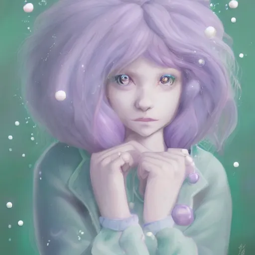 Image similar to aesthetic portrait commission of a albino male furry anthro lion under a lavender bubble filled while wearing a cute mint colored cozy soft pastel winter outfit with pearls on it, winter Atmosphere. Character design by charlie bowater, ross tran, artgerm, and makoto shinkai, detailed, inked, western comic book art, 2021 award winning painting