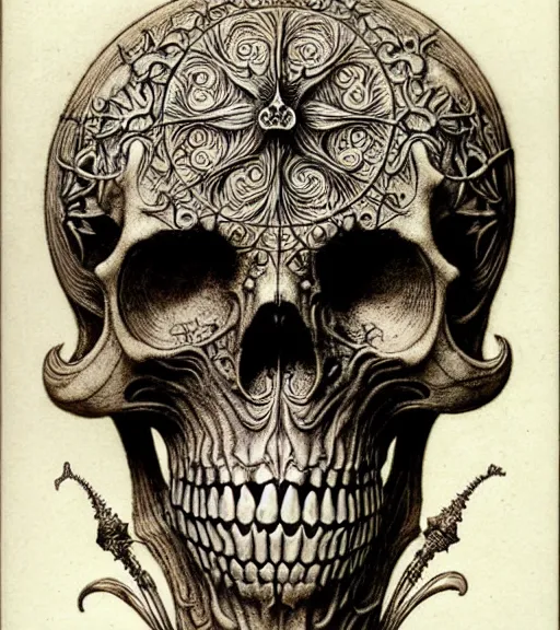 Image similar to memento mori by arthur rackham, art forms of nature by ernst haeckel, exquisitely detailed, art nouveau, gothic, ornately carved beautiful skull dominant, intricately carved antique bone, art nouveau botanicals, ornamental bone carvings, art forms of nature by ernst haeckel, horizontal symmetry, arthur rackham, ernst haeckel