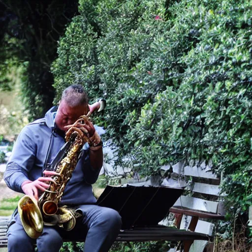 Image similar to A saxophonist played all night over the bag in the black arch. The drunkard was sleeping on a park bench, laying a newspaper sheet. Photo. Good quality.