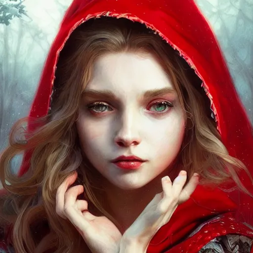 Image similar to Beautiful face Portrait of Little Red Riding Hood with a white panther, intricate, wild, highly detailed, digital painting, artstation, concept art, smooth, sharp focus, illustration, art by artgerm and greg rutkowski and alphonse mucha, footage from space camera