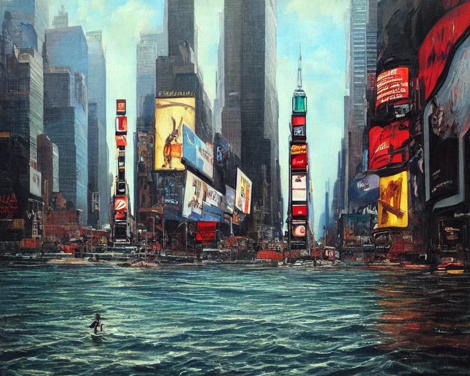 Prompt: an achingly beautiful oil painting of a partially submerged times square by Raphael and Hopper.