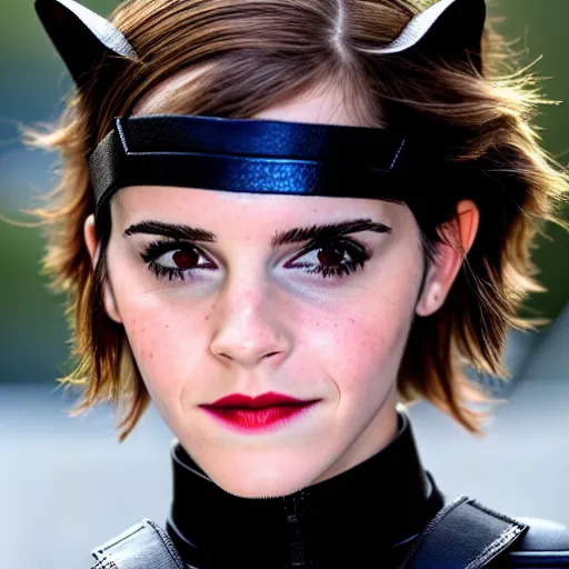 Image similar to Emma Watson as Catwoman, Fujifilm X-T3, 1/1250s at f/2.8, ISO 160, 84mm, 8K, RAW, symmetrical balance, Dolby Vision