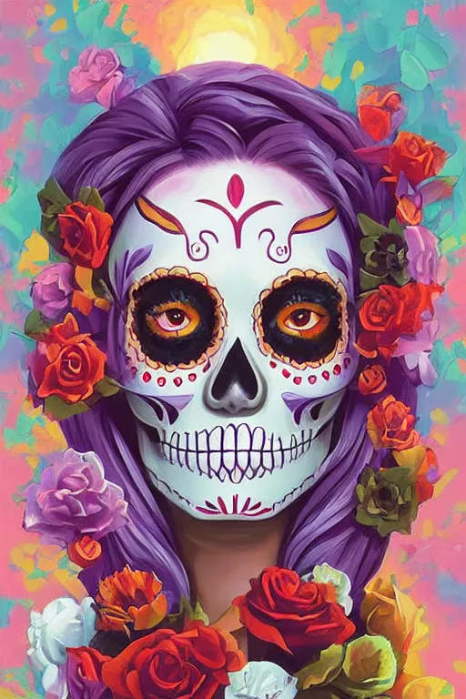 Prompt: illustration of a sugar skull day of the dead girl, art by rhads