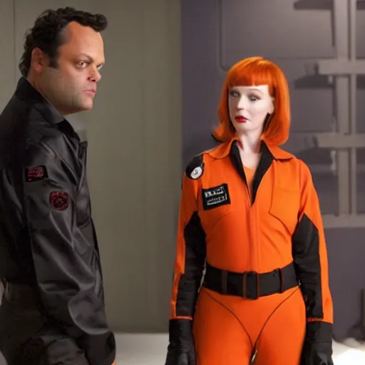 Image similar to vince vaughn as jack fenton, he is wearing an orange coveralls bodysuit with a black neck and a big gun belt, and christina hendricks as maddie fenton, she is wearing a tight teal coveralls bodysuit with a black neck and a big gun belt, movie photo, spooky netflix still shot, they are looking for ghosts