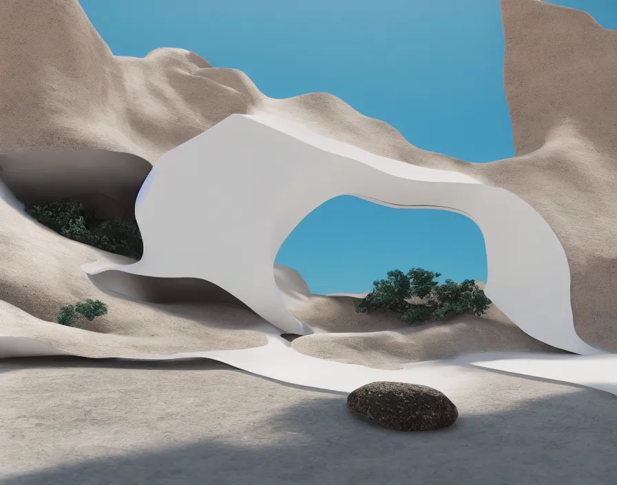 Prompt: desert, white minimalist architecture, stone grotto in the center, portal. zaha hadid, oscar niemeyer, architectural rendering. trending on artstation. vogue magazine. halo. octane rendering, cinematic, hyperrealism, octane rendering, 8 k, depth of field, bokeh. iridescent accents. vibrant. teal gold and red color scheme