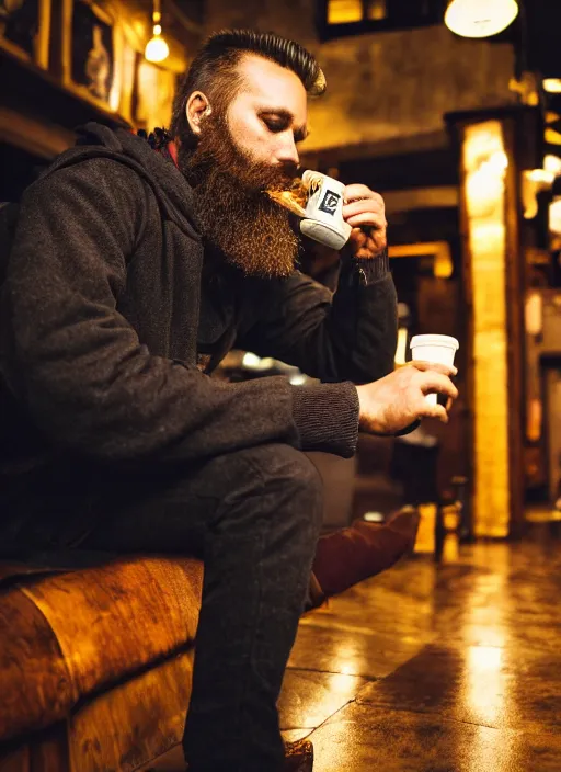 Prompt: Photography of a sad fully bearded man wearing warm clothes, and a huge travel backpack, drinking and smoking , sitting in a bar, full body shot, atmospheric lighting , wide angle lens