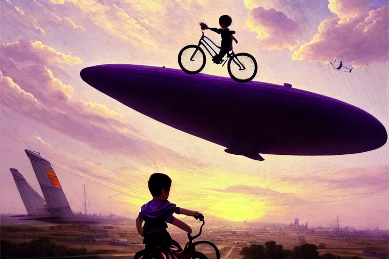 Prompt: kid rides a bicycle waving good bye to the airship at sunset, in the style of james jean, intricate and epic composition, purple by caravaggio, insanely quality, highly detailed, masterpiece, purple light, artstation, 4 k