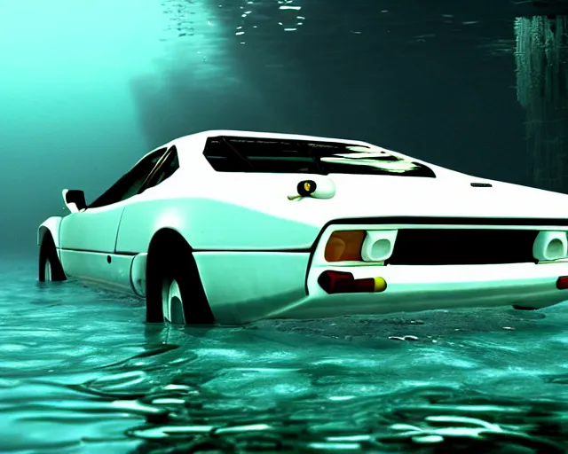 Image similar to white lotus esprit submerged under water, cinematic, photoreal, by red dead redemption 2