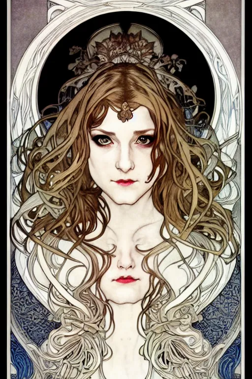 Image similar to in the style of artgerm, arthur rackham, alphonse mucha, evan rachel wood, symmetrical eyes, symmetrical face, flowing white dress