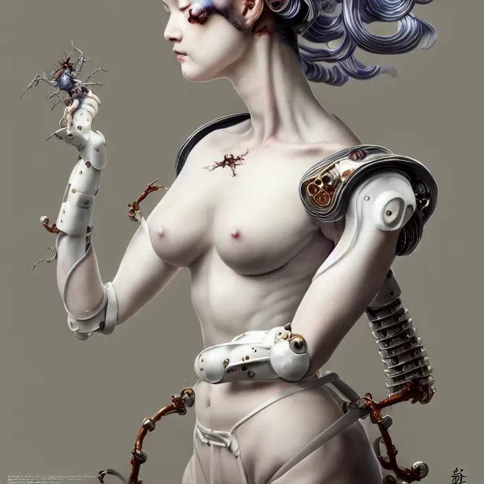 Image similar to porcelain cyborg, Japanese Kakiemon porcelain exoskeleton 16th century, diffuse lighting, fantasy, intricate, elegant, highly detailed, lifelike, photorealistic, digital painting, artstation, illustration, concept art, smooth, sharp focus, art by John Collier and Albert Aublet and Krenz Cushart and Artem Demura and Alphonse Mucha