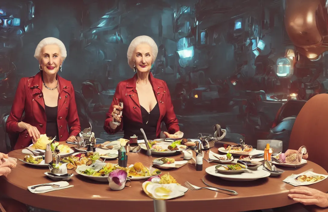 Image similar to portrait of mirtha legrand sitting at the table having lunch with cyborgs. centered. digital art. hyperrealistic, hyperdetailed. cyber punk 4 k octane render