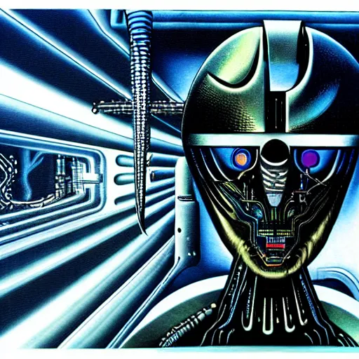 Image similar to futurist cyborg emperor, perfect future, award winning art by hr giger, iridescent color palette