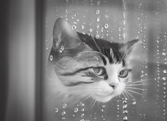 Image similar to photography of a Cat . watching outside the window while it rains. on a bed. in a 70's room full of vinyls and posters, photorealistic, raining award winning photo, 100mm, sharp, high res