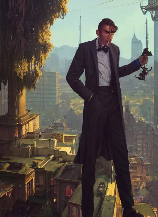 Image similar to highly detailed portrait of a heroic butler in gta v, stephen bliss, unreal engine, fantasy art by greg rutkowski, loish, rhads, ferdinand knab, makoto shinkai and lois van baarle, artgerm, pixar, ilya kuvshinov, rossdraws, tom bagshaw, global illumination, radiant light, detailed and intricate environment