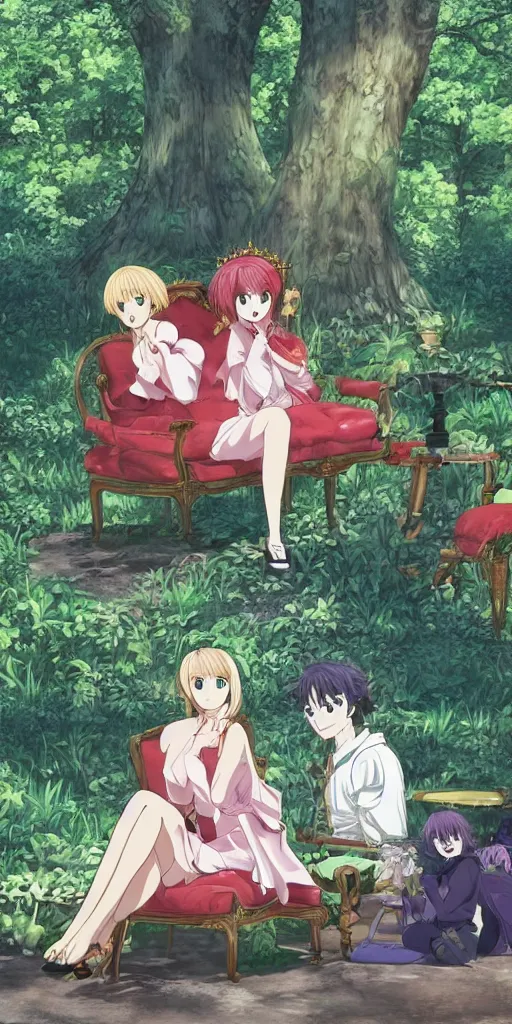 Image similar to a queen of love sitting of a sofa in a forest, drawn by CloverWorks,